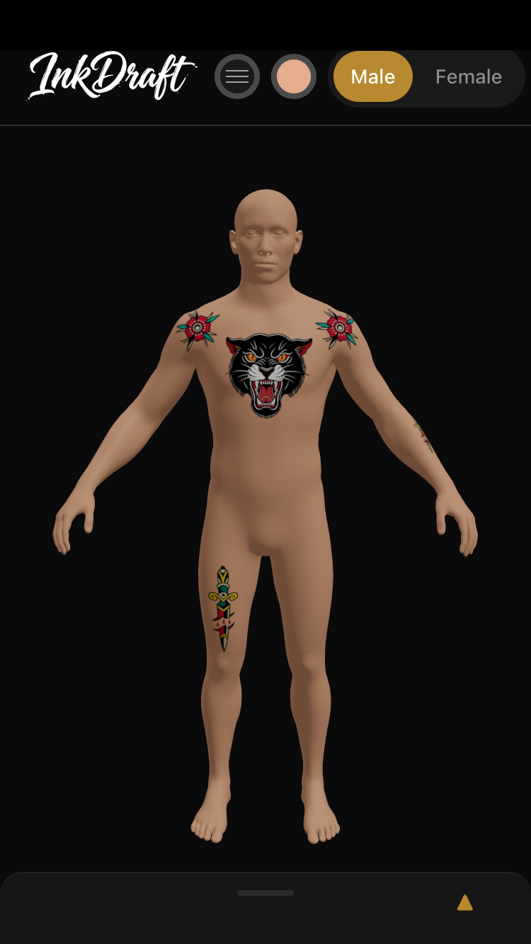 InkDraft view mode showing tattoos on a 3D avatar